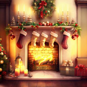 A fireplace with stockings hung over it