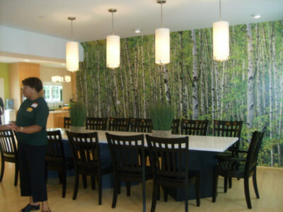 Large dinning room set up with wallpaper and table